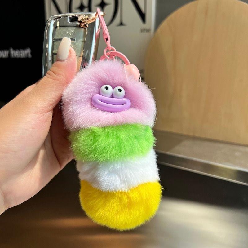 Korean Faux Otter Fur Caterpillar Bag Charm Keyring Doll