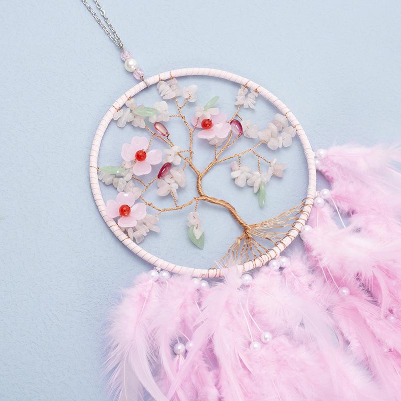 Tree of Life Dream Catcher Handmade Pink Gravel Wall Hangings Feather Craft Home Decor Wind Chimes DreamCatchers Room Decorate