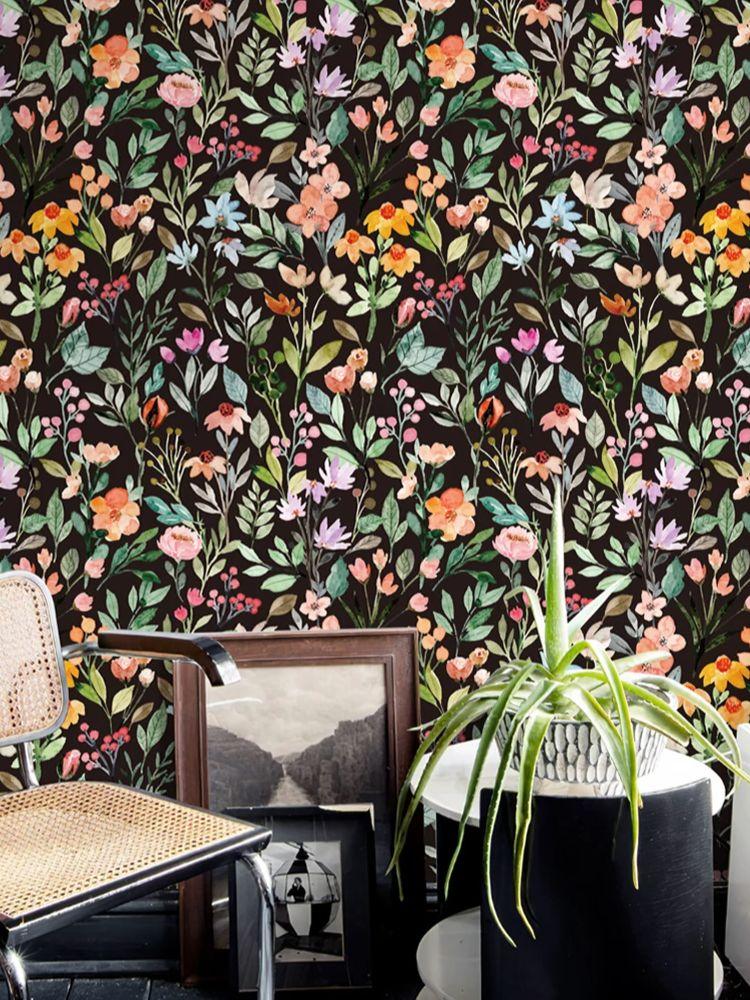 

Акварельные черные мятые цветочные ПВХ обои Элегантная водонепроницаемая мебельная наклейка Домашнее украшение Цветочный винил ТВ фон 44cmx300cm