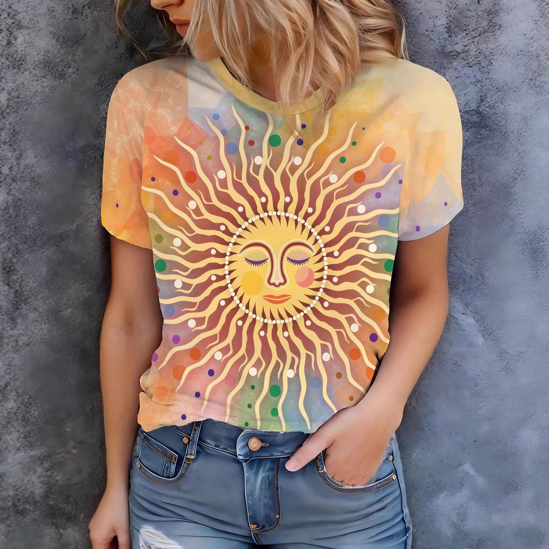 Loose Crew Neck Top Fashionable Print Short Sleeve Comfortable T-Shirts Women’s XS