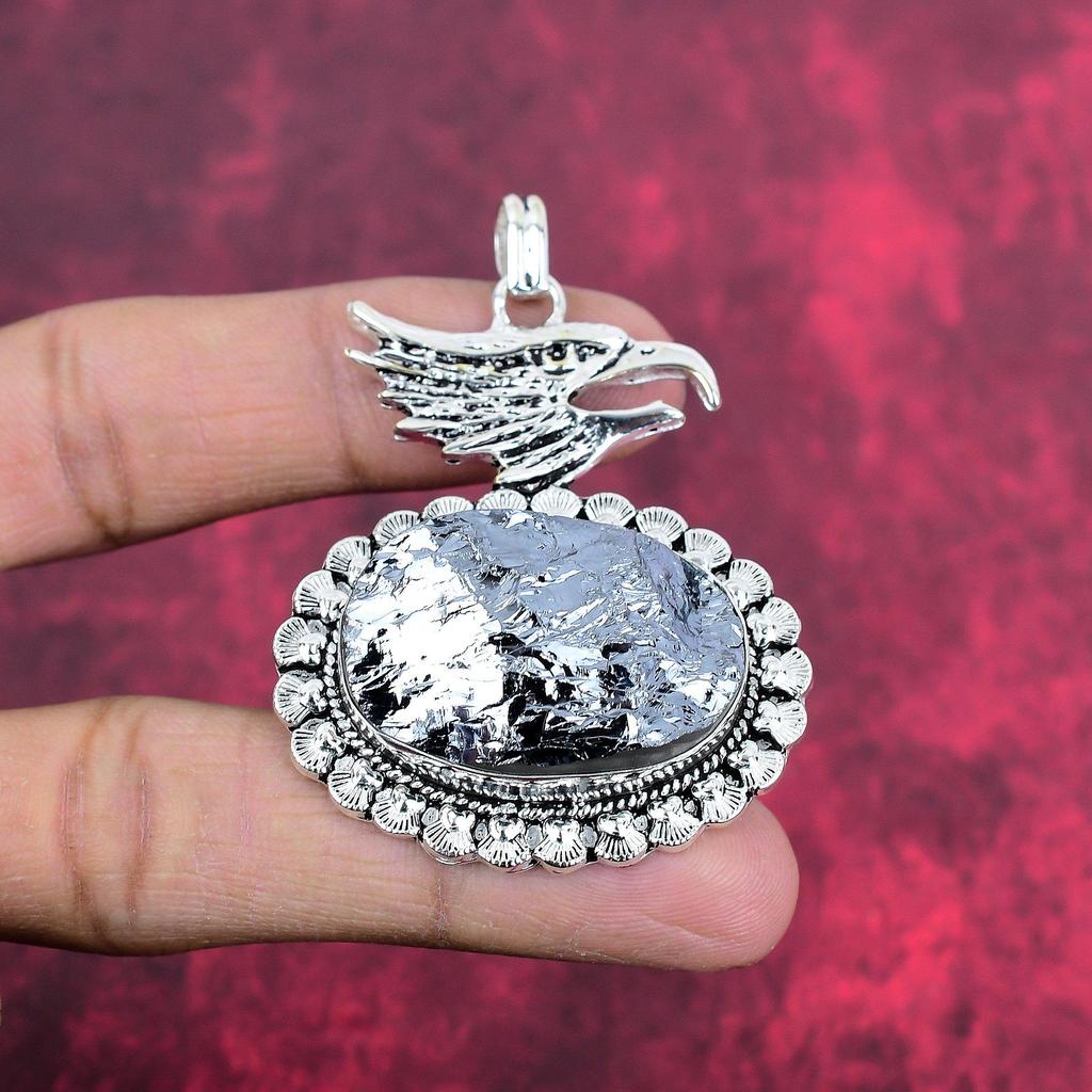 Surowy Wisiorek z Szungitu, Biżuteria ze Srebra Próby 925, Ręcznie Robiony Wisiorek, Na Święto Dziękczynienia