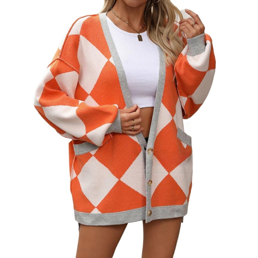 IHUASU Women's Autumn and Winter V-neck Diamond Lattice Splicing Collision Loose Knit Cardigan Jacket Jumper