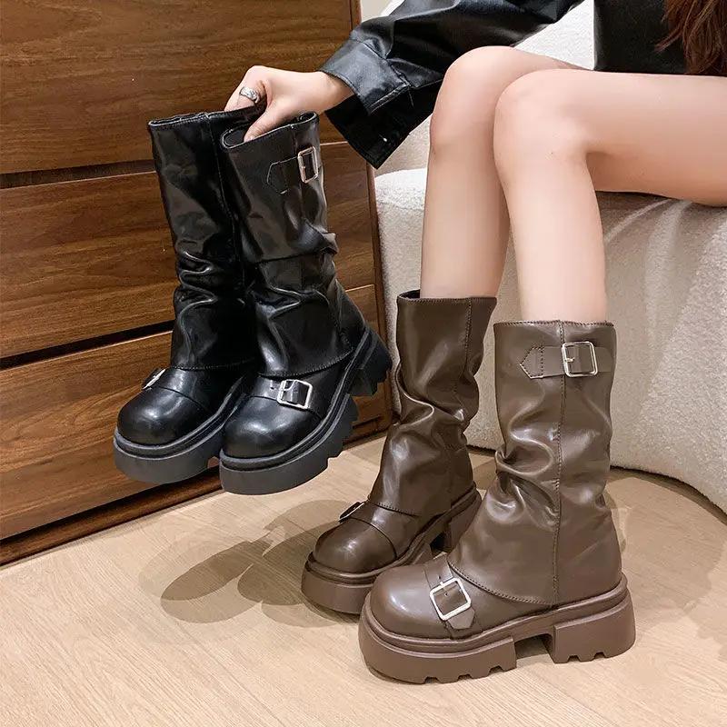 American retro sponge cake Maillard boots fashionable brown versatile thick sole height increasing women's 2025 spring new item