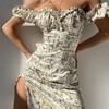 Summer Floral Off Shoulder Puff Sleeve Maxi Dress for Woman Robe Sexy Lace Up Side Split Chic Mid-Calf Aesthetic Dress
