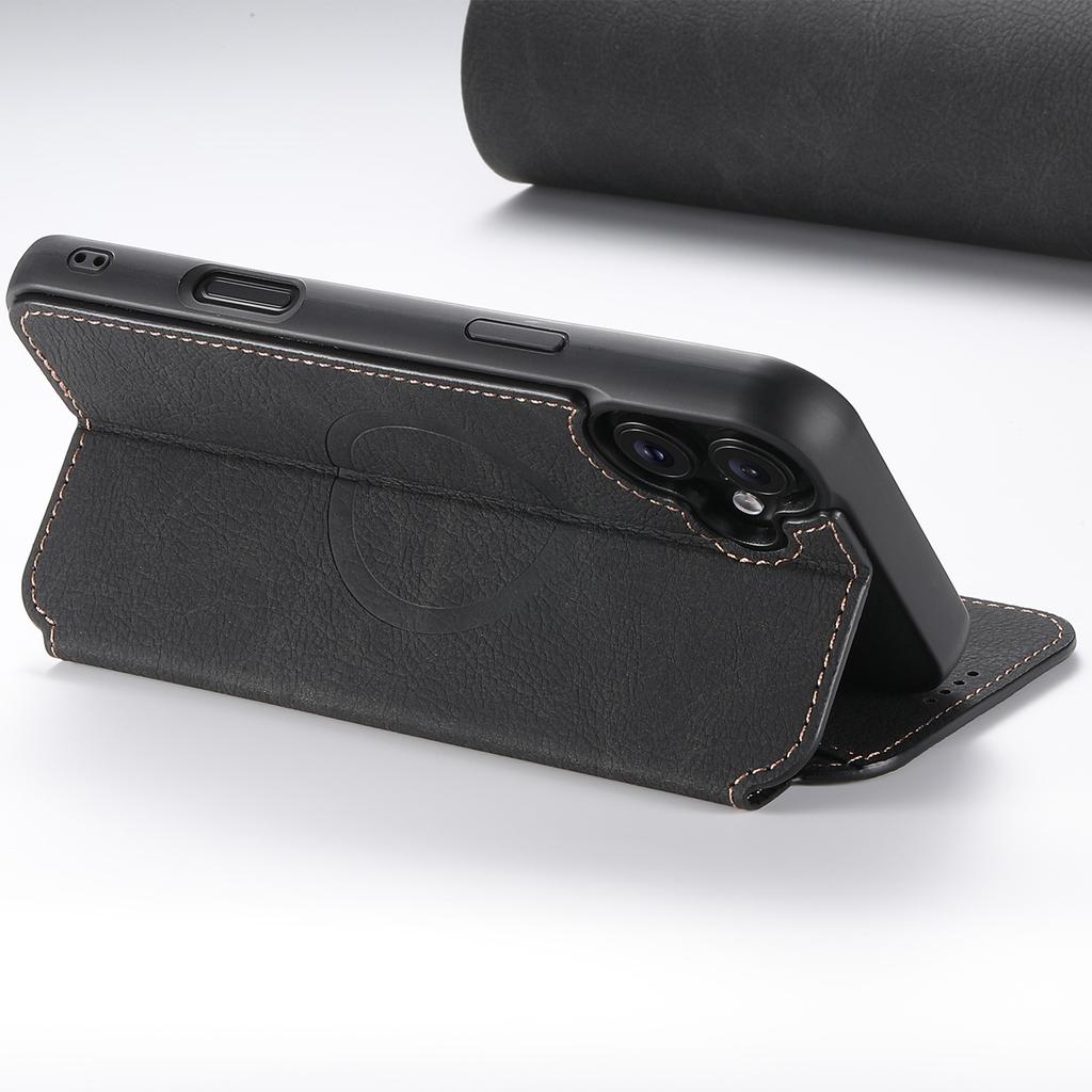 SUTENI J06 For iPhone 16 Plus Case Litchi Texture Leather Wallet Phone Shell Compatible with MagSafe