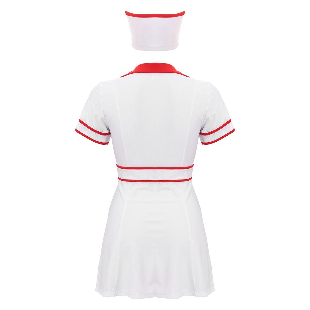 Womens Nurse Dress and Hat 2 Piece Costume Short Sleeve Front Zipper Cross Patch Dress