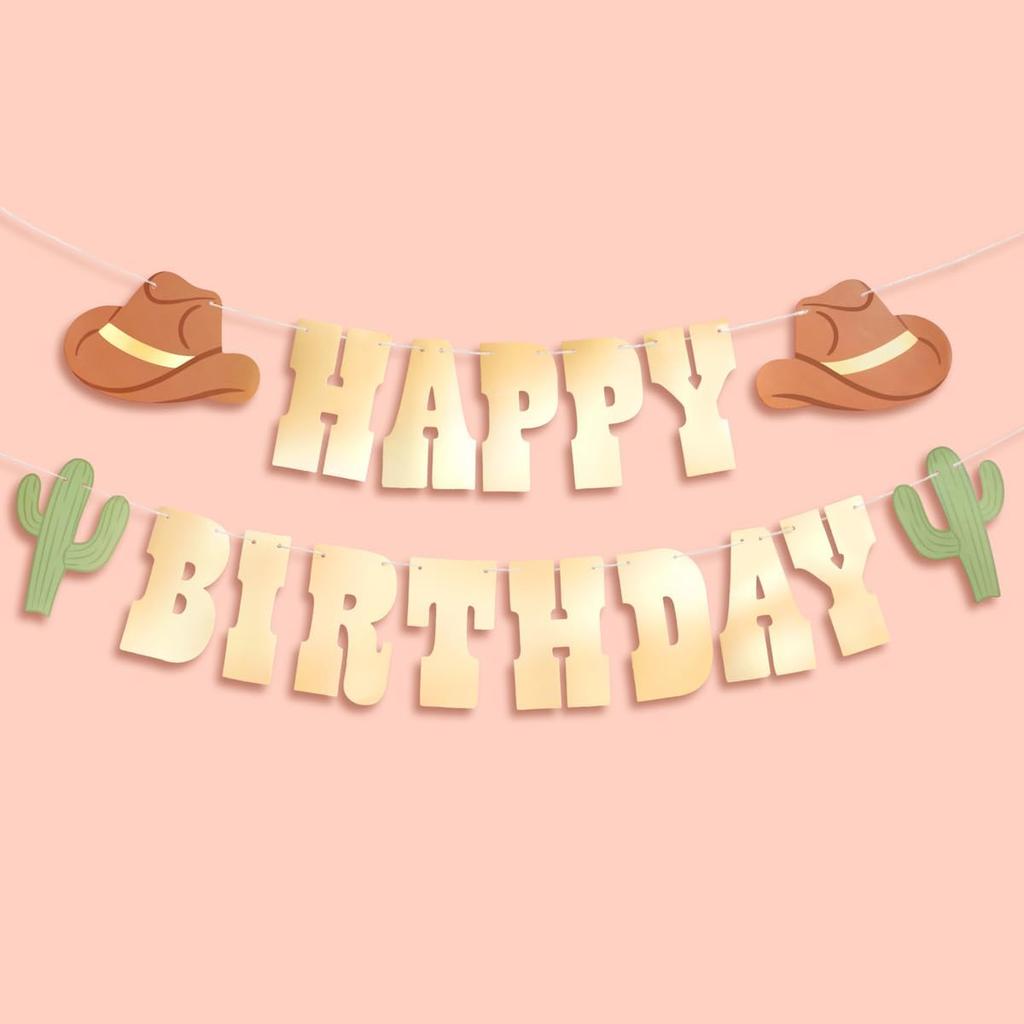 Xo, Fetti Western Happy Birthday Gold Foil Banner - 5 Ft. | Cowboy HBD Decorations, Wild West Garland, Rodeo Supplies, Wild One Yeehaw Bday, Cowgirl