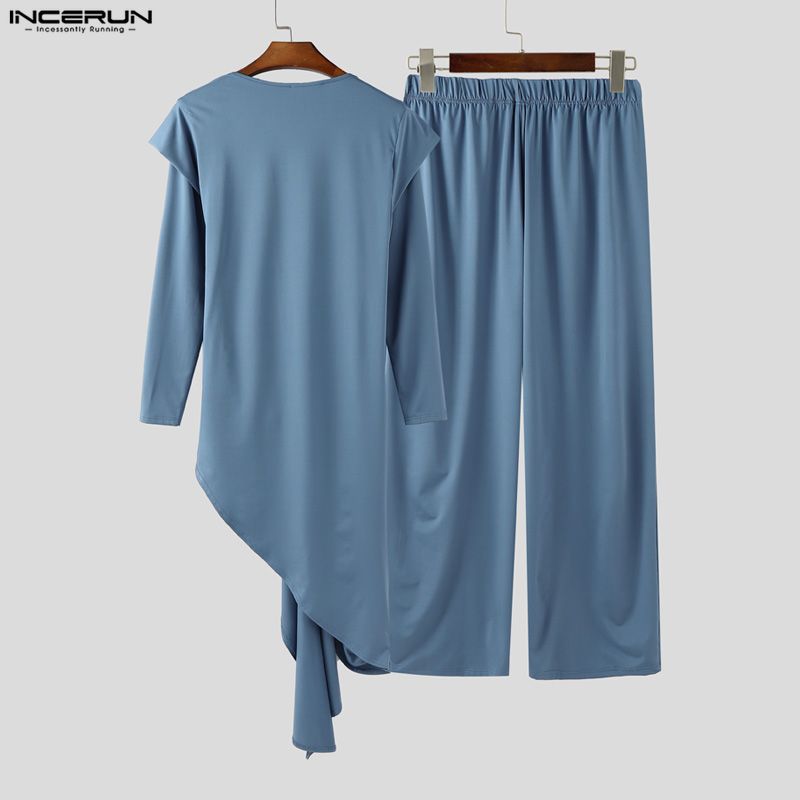 INCERUN 2 SZTUKI Męskie Koszulki z Dekoltem V i Długim Rękawem Falbankowe Skręcone Zestawy Ubrań Domowych Spodnie