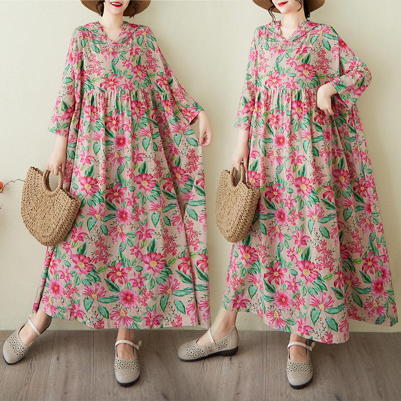 Dimanaf 2025 Summer Women Plus Size Basic Dress Hooded Pleated Casual Long Loose Vintage Floral Dress Maxi