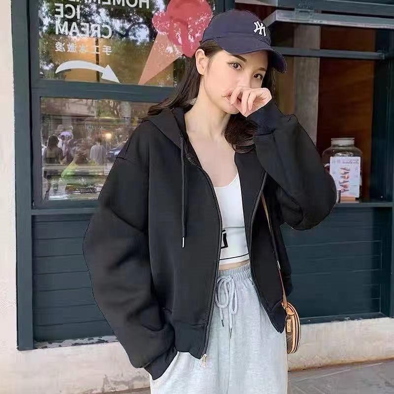 

Женский модный тонкий свитшот на флисовой подкладке в корейском стиле: Весенне-осенний кардиган с капюшоном для студентов M (90-105 jin)