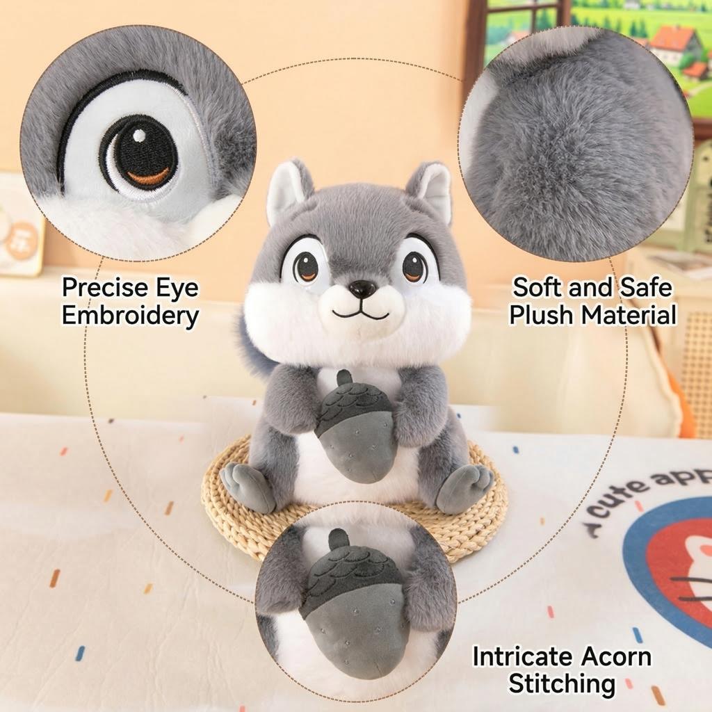 Plush Squirrel Stuffed Animal Toy Soft Cute Sitting Design with Acorn Accessory for Kids and Collectors Gift