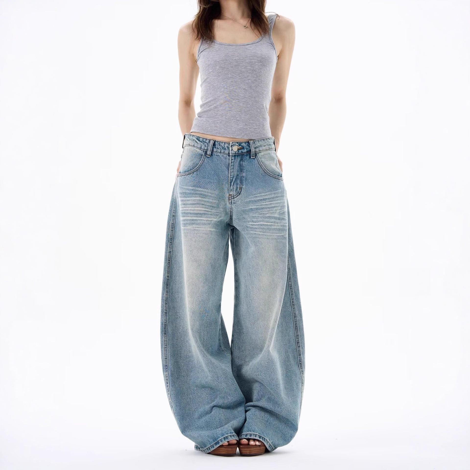 

Women s High-Waisted Wide-Leg Light Ripped Jeans for Autumn and Summer with Designer Pockets 2XL синий