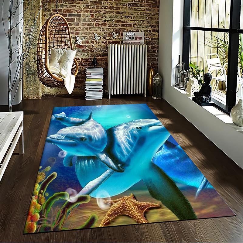 "Blue Ocean Theme Carpet with Dolphins, Starfish, and Coral Design" Suitable for use as an anti-slip for living room bedroom sofas