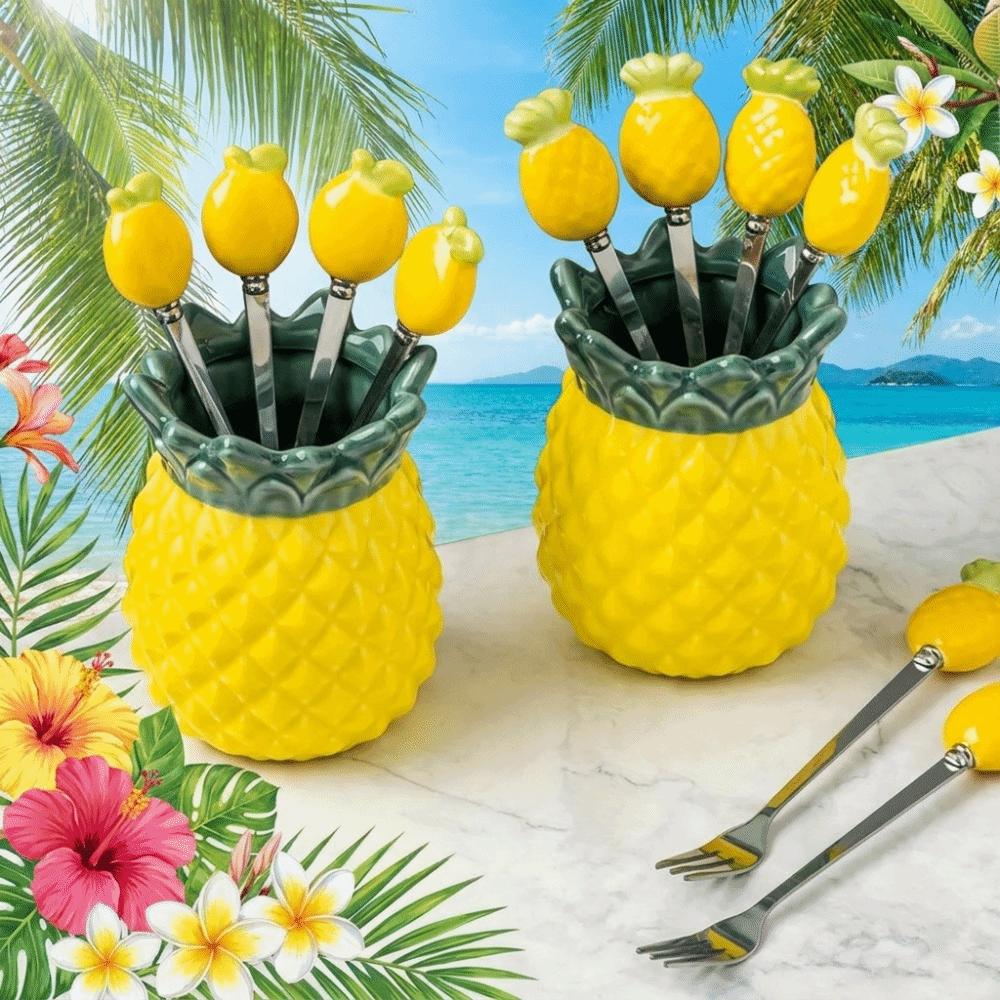 Exquisite Keramik-Vorratsdose Ananasförmig Obstgabel-Set Stäbchenhalter Büro