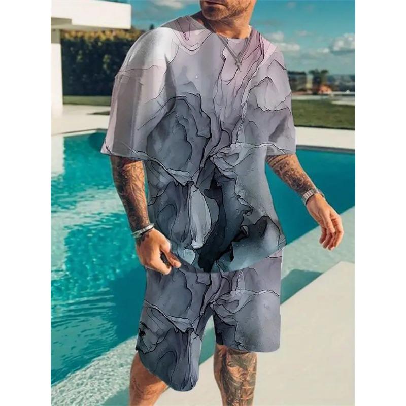 Letni Nowy Męski Garnitur Codzienny Uliczny Casualowa Koszulka z Krótkim Rękawem Moda Sporty Outdoorowe Wygodne Spodenki Drukowanie Tekstury 3D