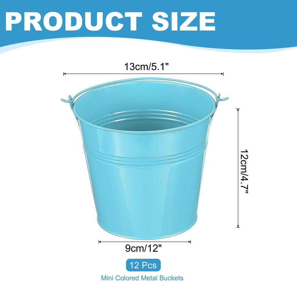 PATIKIL Small Metal Buckets with 12 Pieces Mini Buckets Easter Blue 5"x4.7" Handles, Buckets,