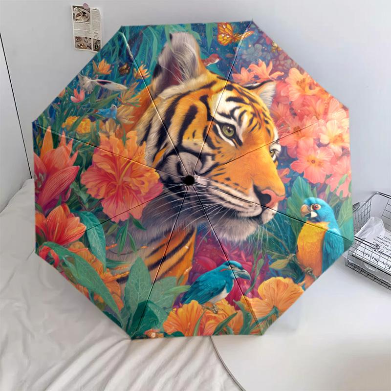 Tiger Parrot Pattern, Automatic Folding Umbrella, Portable and Foldable Design, 8 Ribs, a Christmas or Birthday Gift.
