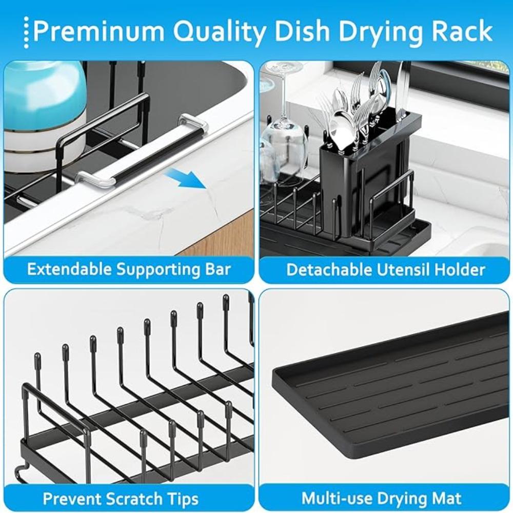 Extendable Bottom Tray Counter Dish Drying Rack Space-Saving Kitchen Tableware Organizer Spoon