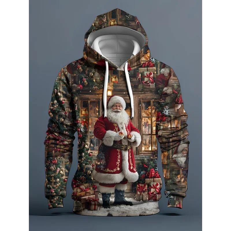 Felpa con Cappuccio a Tema Natalizio Cartone Animato per Uomo Donna Babbo Natale Renna Stampe 3D Felpe Pullover Casual Top Maglia a Maniche Lunghe