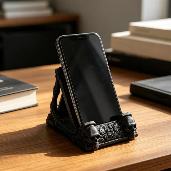 Soporte para Teléfono Calavera Gótica, Impresión 3D Forma de Esqueleto Negro Mate, Soporte Estable para Teléfono Móvil como Accesorio de Escritorio