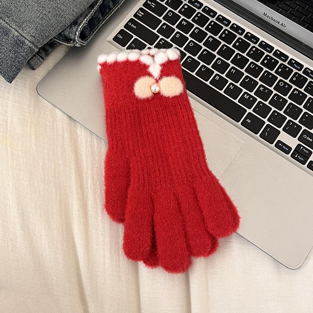 Bow knitted gloves women winter velvet warm cold students outdoor riding electric vehicle five fingers touch screen tide