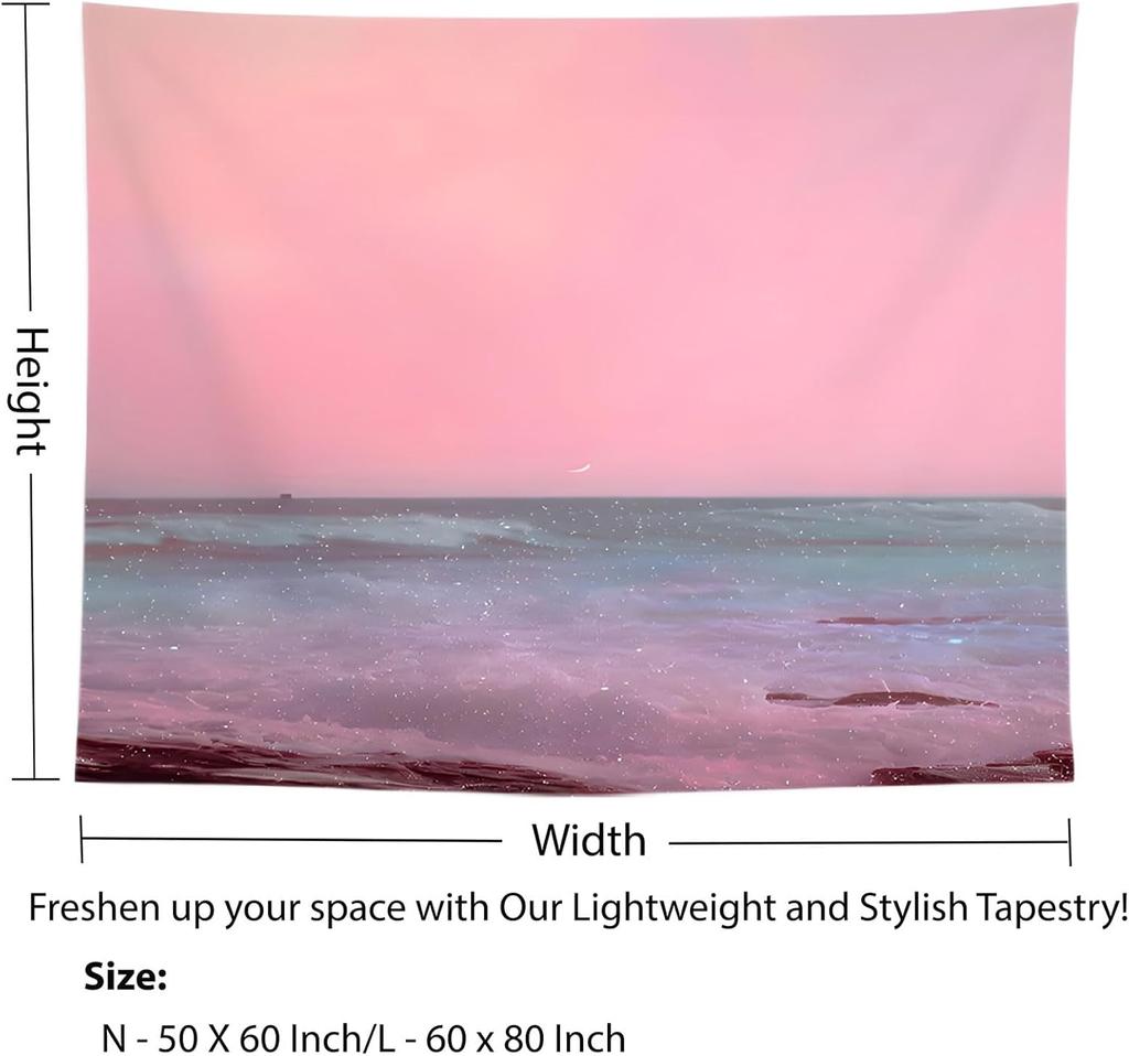 Pink Ocean Tapestry Beach Tapestry Pink Sea Sky Moon Tapestries Wall Hanging for Teen Girl Women Bedroom College Dorm Liv