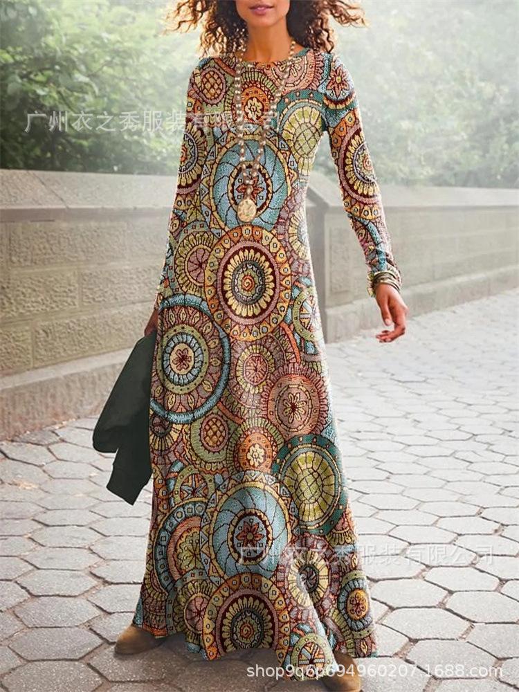 

Spot, ethnic style print high waist long sleeve crew neck large version dress S