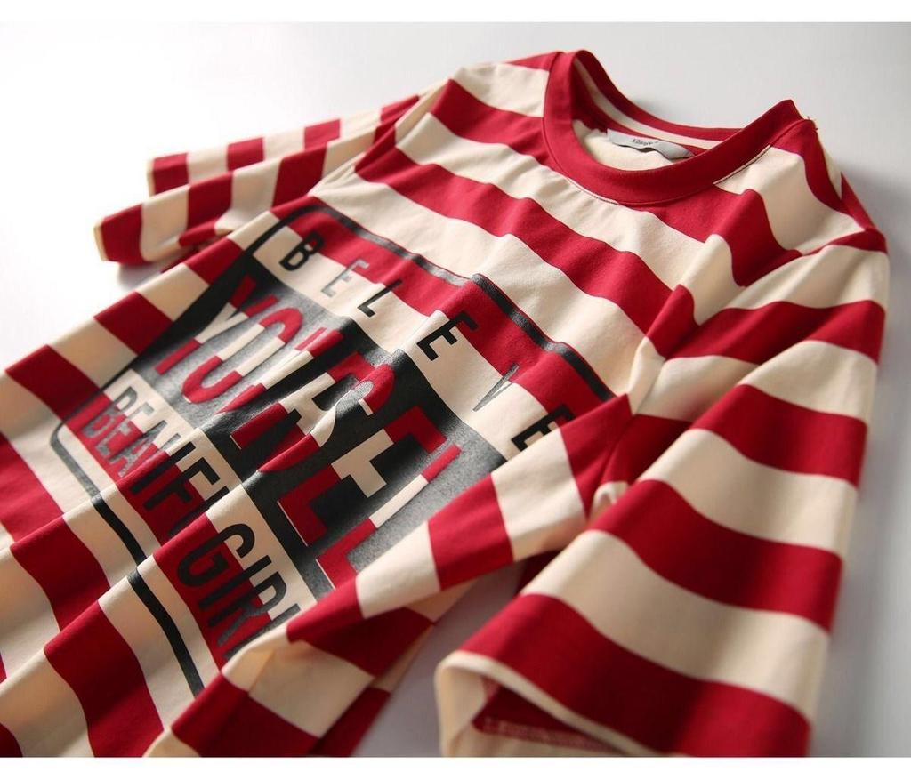 2025 Summer Korean Style Mid-Length Striped T-Shirt Dress for Women - Loose, Slimming, Short Sleeve, Versatile Fashion