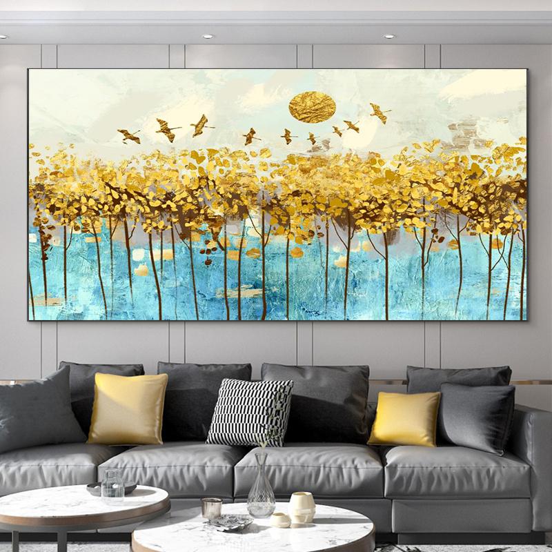 Abstract Leaves Oil Painting Print On Canvas Texture Golden and Silver Trees Wall Art Modern Home Decor Living Room Wall Decor