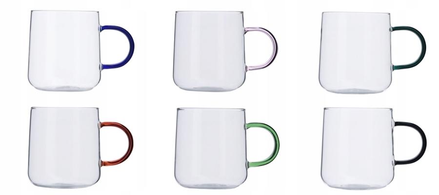 HEAT-RESISTANT GLASS MUGS WITH COLORFUL EARS 300ml SET OF 6