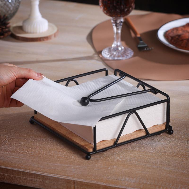 Flat Napkin Holder Metal Iron Serviette Holder Napkin Stand With Wooden Base For Home Kitchen Countertop Decor