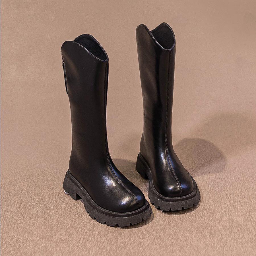 Girls' 2026 Knee-High Velvet-Lined Leather Boots for Autumn/Winter