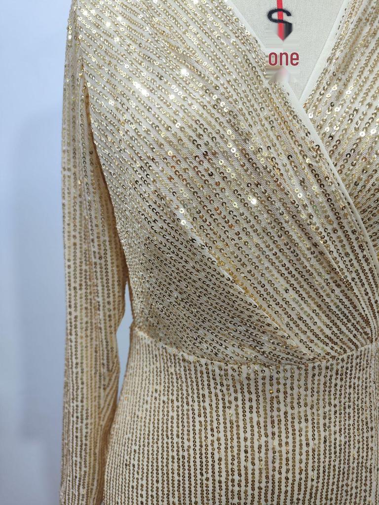 Sequined Slit Long Sleeve V-Neck Evening Dress - European & American Styles, 2 Colors