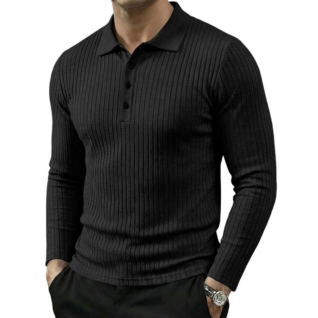 Men's Long Sleeve Polo Shirt Ribbed Texture Casual Lightweight Breathable Sport Top with Button Placket Classic Collar for Spring Autumn