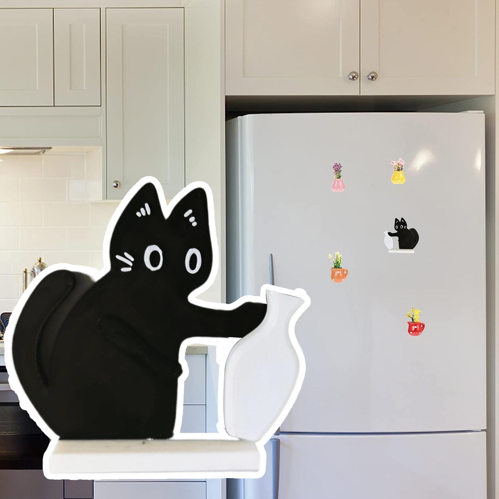 

Creative Fridge Magnet Cat Push Flower Vase cute little black cat push vase magnetic refrigerator magnet for Workplace, Bookshe чёрный