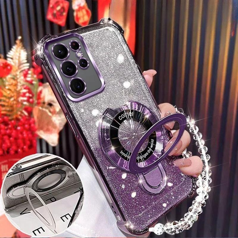 For Samsung Galaxy A17 A07 A56 A16 A26 A36 A06 A15 A25 A35 A55 A05 A14 A24 A34 A54 Glitter Plating Magnetic Holder Bracelet Case