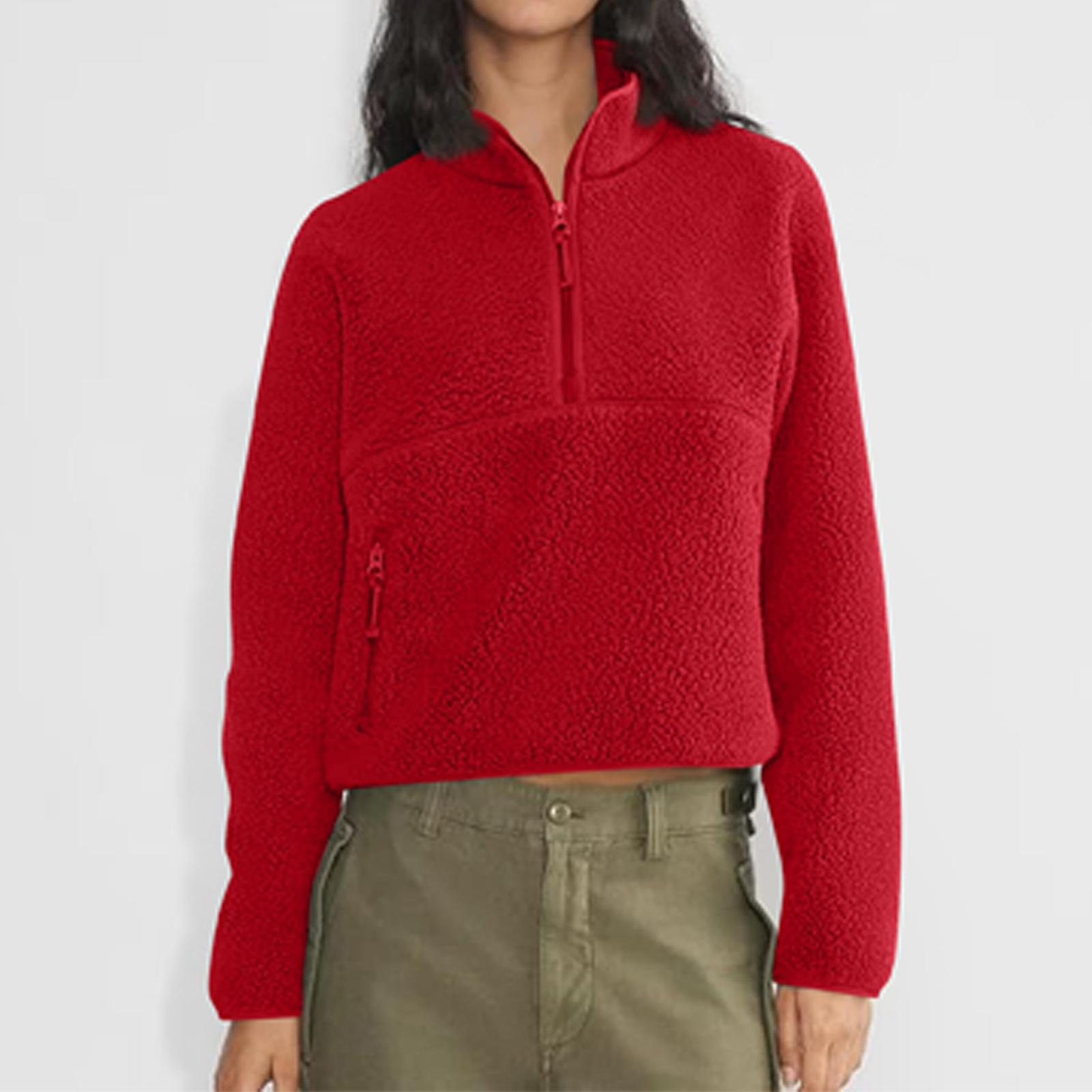 

Женский короткий флисовый свитшот на молнии до середины, плюшевый теплый кардиган XS красный