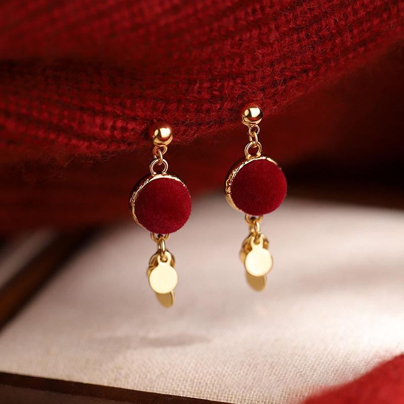 Red Flocking Silver Needle Tassel Earrings - Retro, Light Luxury, High-End Design