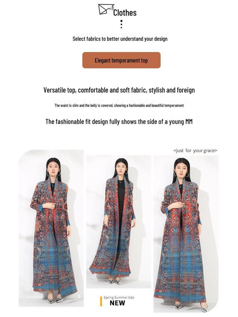 Pleated Printed Long Trench Coat for Women - 2025 Spring Lapel Loose Fit Plus Size Long Sleeve Robe
