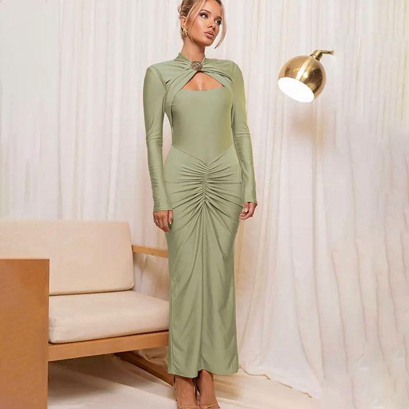 

# Sisjuly# Fashion Modern Go-Getter Girl Style Rose Decoration Cut Out Ruched Design Sexy Long Sleeves Dress Female Green L