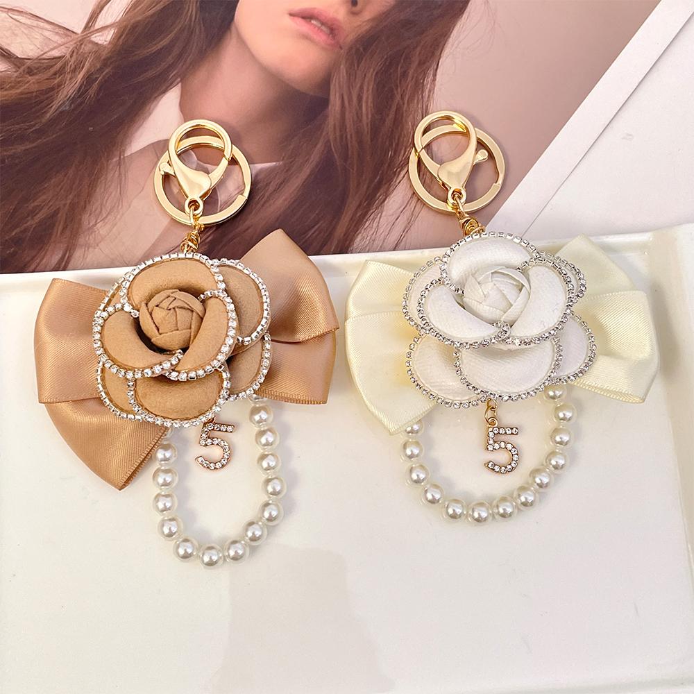 Luxury Fabric Camellia Bow Pearl Keychain Crystal Rhinestones Car Key Ring Handmade Flower Women's Bag Pendant