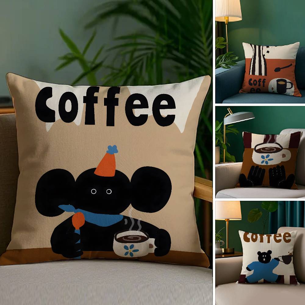Creative Coffee Illustration Pillow Case Plush Fabric Soft Double Sided Print Home Sofa High Quality Cushion Cover Throw