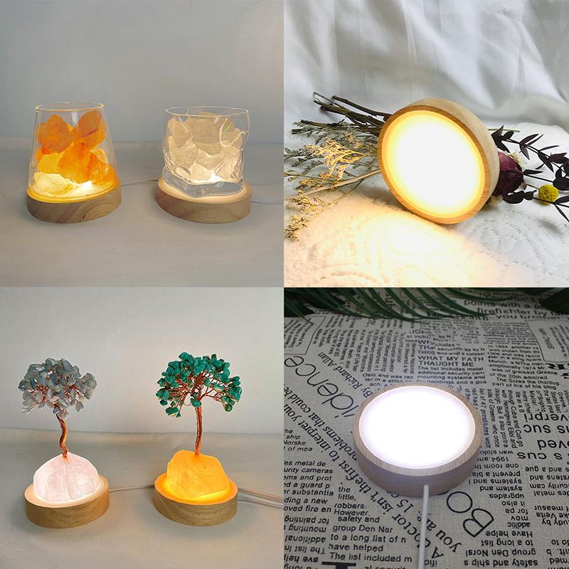Round Wooden Led Night Light Base Display Stand For Crystals Glass Ball Decor