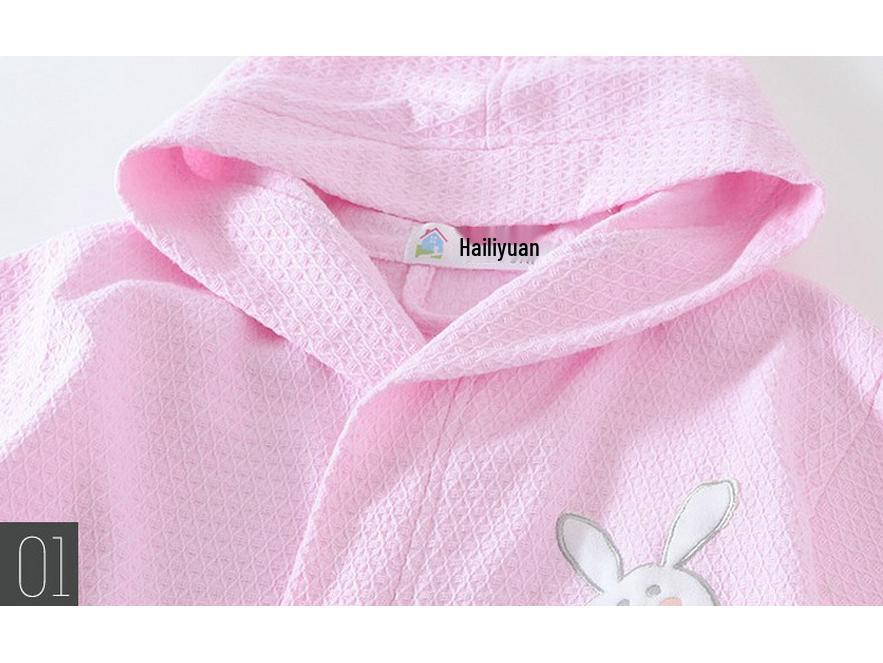 Children's Pure Cotton Cartoon Hooded Bathrobe - Lightweight, Absorbent, Waffle Texture for Boys and Girls Summer Pajamas