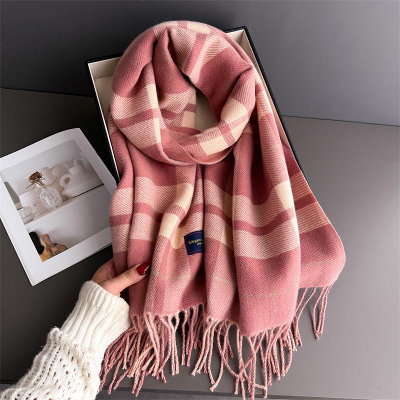 

Small Fresh Autumn And Winter Plaid Warm Scarf Women S Shawl Versatile Commuter Fringed Fine Sand Imitation Cashmere Scarf 200cmX53cm (with tassel)