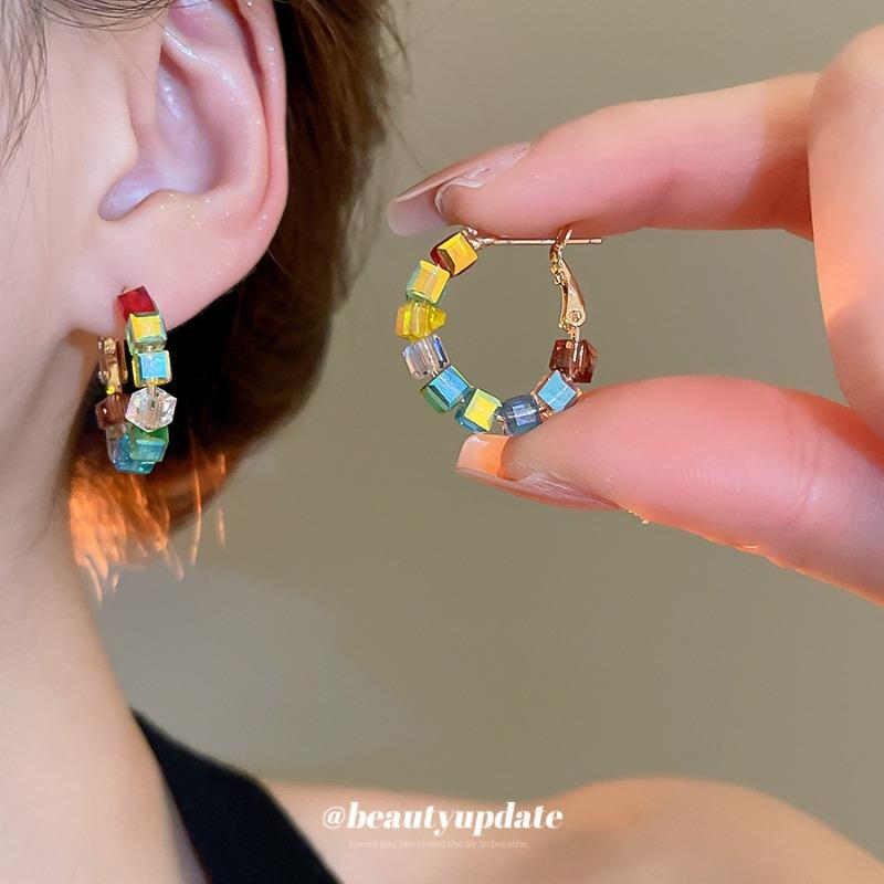 Silver needle colored glass round beaded earrings retro light luxury exquisite temperament earrings niche high-end earrings women