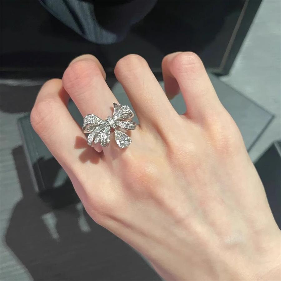 Heavy Industry Super Flash Zircon Bow Water Drop Ring Light Luxury Niche Ring Versatile Index Finger Ring