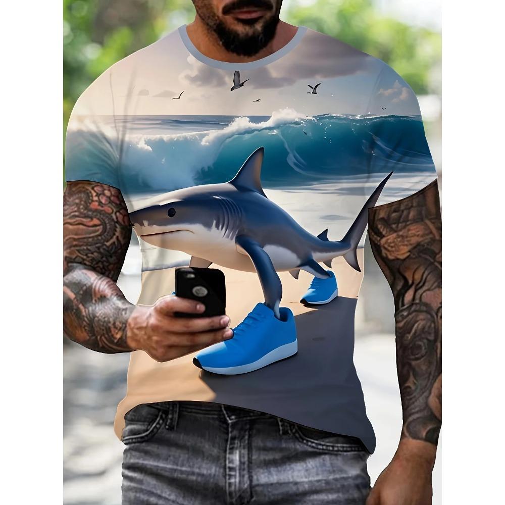 Funny Ai Shark Pattern T Shirt For Men Marine Animal 3D Printed Tees Tralalero Tralala Short Sleeve Round Neck Tops T-Shirts