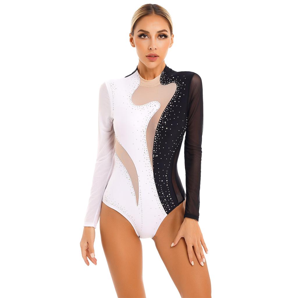 Women Long Sleeve Rhinestones Mesh Gymnastics Leotard Bodysuit Ice Skating Jumpsuit