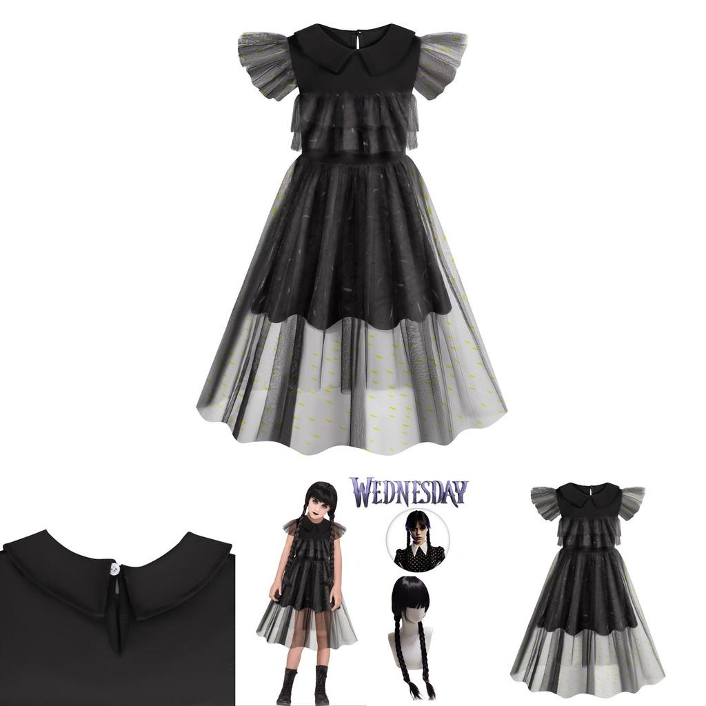 Wednesday Addams Rodzina Addamsów Cosplay Czarna Sukienka Mundurek Taneczny Impreza